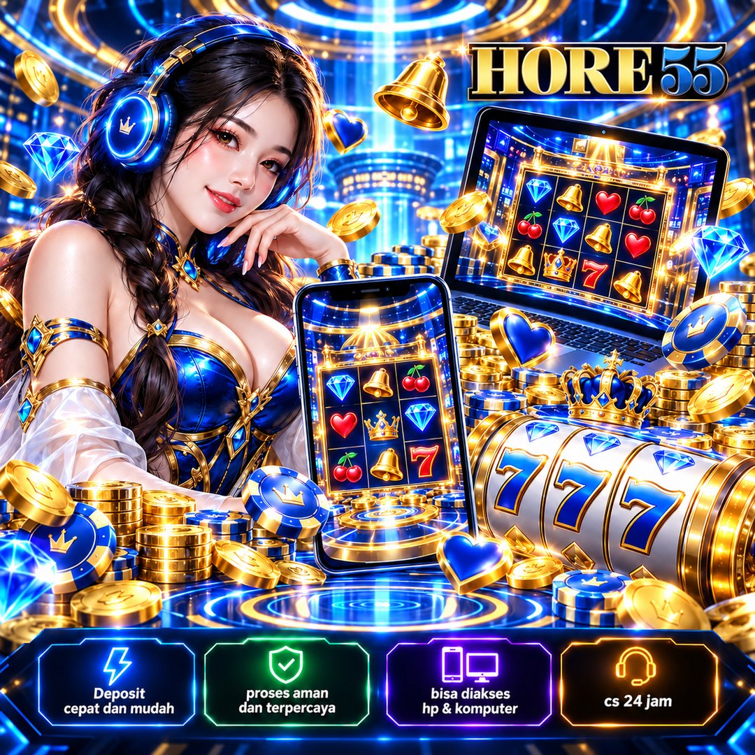 Poster HORE55 tema biru emas dan perangkat digital