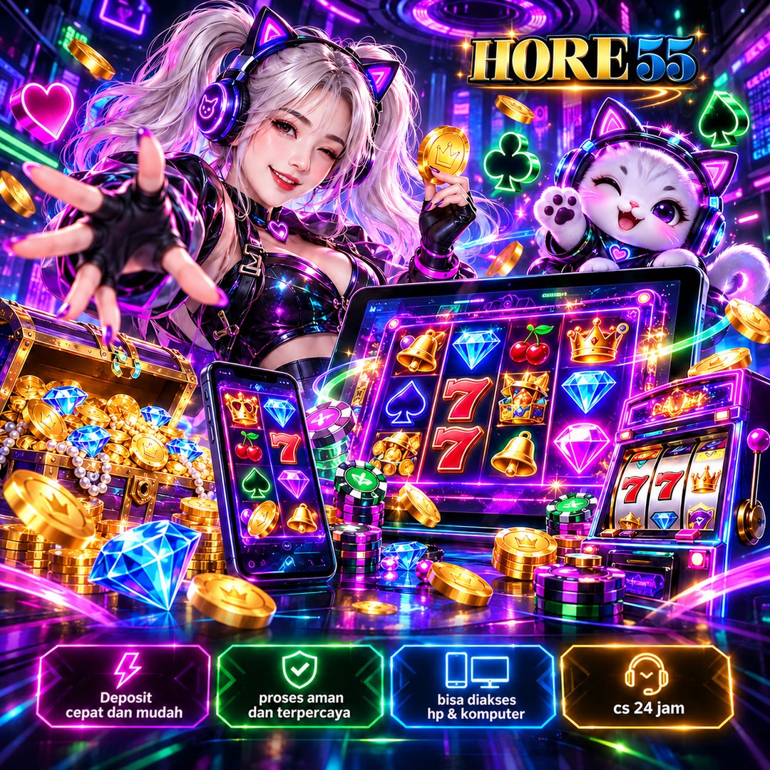 Poster HORE55 tema ungu futuristik dan karakter gaming